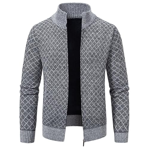 Mens Diamond Check Pattern Sweater Winter Warm Thickening Knit Cardigan Threaded Elastic Hem Knitwear