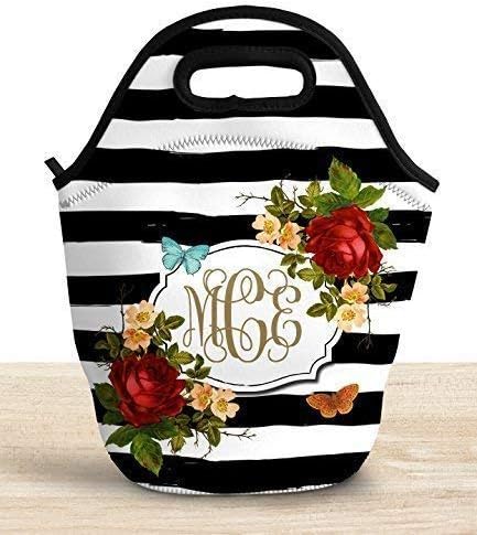 Womens Lunch Bag with Custom Monogram Reusable Tote Featuring Trendy Red Rose and Black Stripes