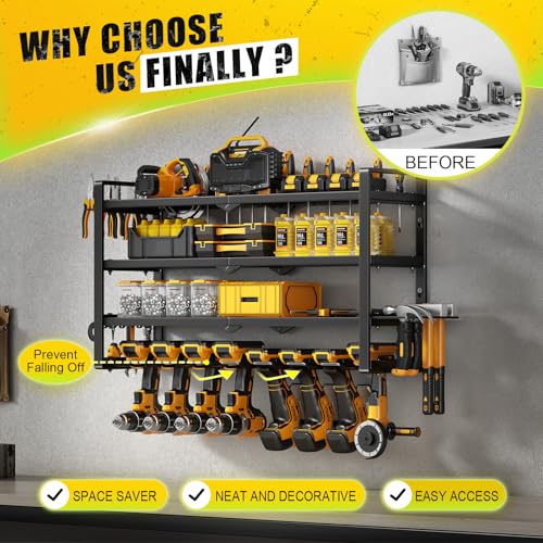 Image of Hipidian Power Tool Organizer Wall Mount - Storage Rack with 4 Drill Holders for Drills Cordless Tools. Heavy Duty Iron Garage Tool Organizer Storage for Workshop Shed (8 Slots 4 Layers)