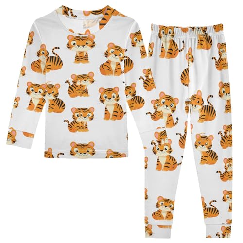 Pajama Sets Long Sleeve Cute Orange Tiger Pattern Soft Comfy Sleepwear 2 Piece PJS 3-8T