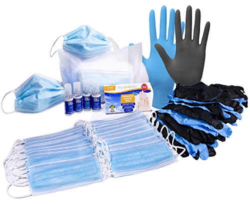 Personal Protection Equipment Kit - 50 Disposable Masks, Hand Sanitizer Gel, 2-Pack, 2 oz Bottles, 62% Ethyl Alcohol, 10 Antibacterial Wipes, 10 Nitrile Gloves