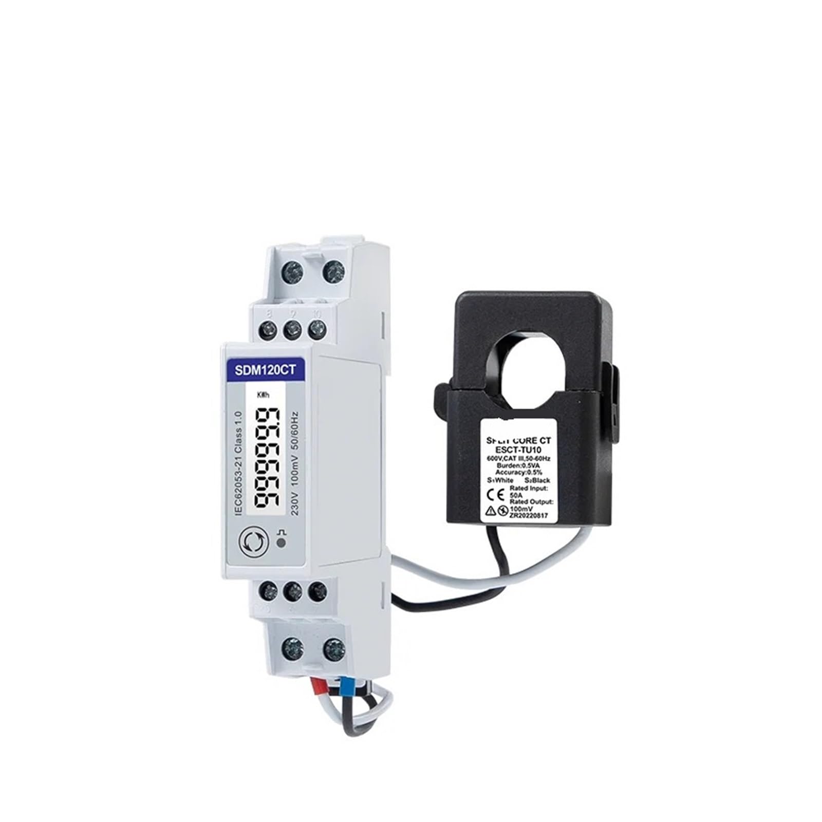 Compteur d'énergie SDM120CT-MV+ESCT-TU10 50A/0,1V, 1 Phase 2 Fils, 230V, RS485 Modbus, Mesure kWh, kvarh, U, I, P, Q, PF, Hz, Compteur d'énergie sur Rail DIN, Mid