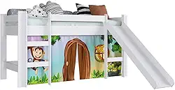 Cama Elevada com Escorregador Cortina Estampada Zoo Branco Lilies Móveis