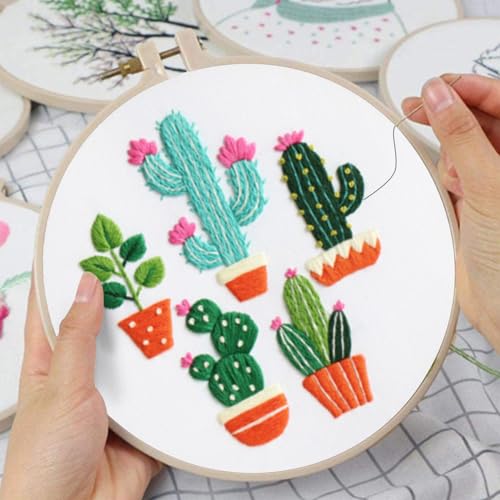 Image of Louise Maelys 3 Sets Cactus Embroidery Kits for Beginners,Cross Stitch Kit for Adults,Crewel Starters Needlepoint with Plants Pattern, Hoop and Instruction