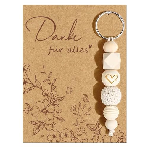 Xinfin Dankeschön Geschenke Schlüsselanhänger mit Karte, Klein Danke Geschenk, Holz Perlen Schlüsselanhänger Freundin Lehrerin Kollegin Abschiedsgeschenk (1PCS)