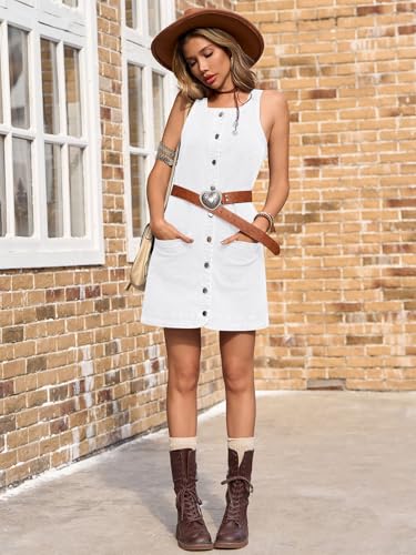 Image of Yousify Womens Casual Sleeveless Denim Overalls Dresses Button Down Summer Jean Mini Dress 2025 Trendy Romper With Pockets