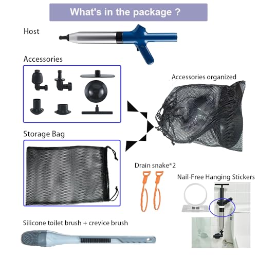 Image of High Pressure Air Pump Plunger for Toilet,Air Drain Blaster,Toilet Plunger,Clog Remover,with Toilet Brush Set and Drain Snake (blue)