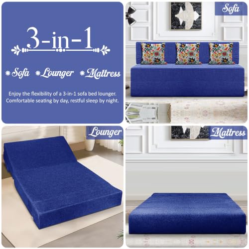 Image of Los Angeles Foldable Three Seater Sofa Cum Bed, Sofa Bed 5 X 6 Feet Jute Fabric Washable Cover- Including Cushion Perfect for Living Room - Blue