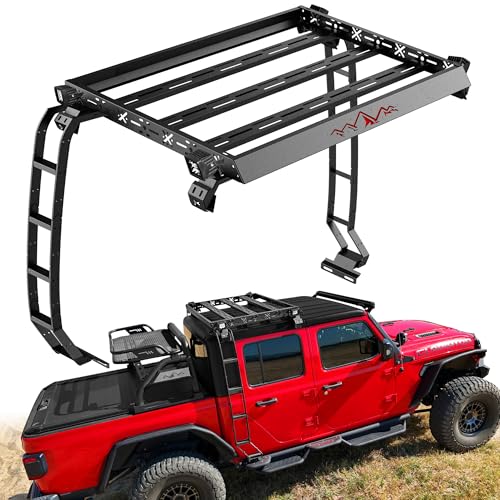 MONOKING for Gladiator JT Cargo Basket with Ladder & LED Lights Compatible with 2020-2026 JT Unlimited 4 Doors Hardtop Carrier Luggage Storage Holder Roof Rack Cargo Basket