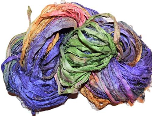 10 Yards Recycled Sari Silk Ribbon Yarn, use for Crochet, Knit, Jewelry, Craft, Weave, Sari Silk Tassel Necklace Blue Purple