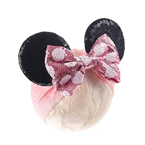 Image of JIAHANG Baby Girl Mouse Ears Headwrap with Sequin Polka Dot Bow, Wide Velvet Turban Hairband, Hair Bow Headband for Toddler, Kids, Party Supplies (pink bow white dot HW)