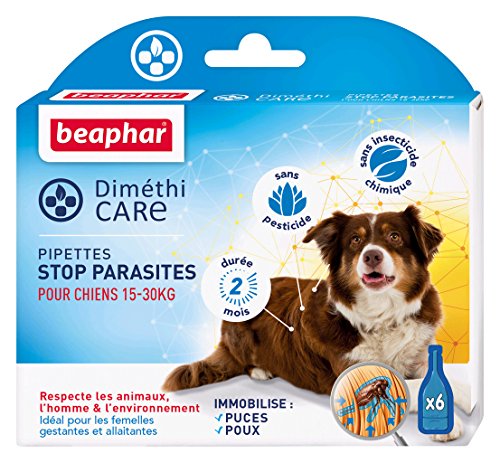 Beaphar – DIMÉTHICARE – Pipettes Stop parasites pour Chien Moyen 15-30 kg – Contre puces, tiques et poux – sans Pesticide et sans Insecticide Chimique – À l'Aloe Vera – Durée 2 Mois – 6 pipettes