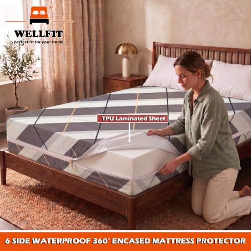 Image of WELLFIT Waterproof Premium Glace Cotton 300 TC Mattress Protector King Size | 78x72x6 Inches | Bed Cover with Zip | Mattress Cover with Zipper Chain | 6x6.5 Ft Mattresses