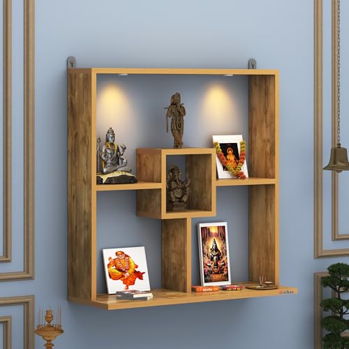 Image of Anikaa Shelly LED Light Wall Mounted Hanging Puja Temple Shelf Stylish Wood God Stand for Pooja Room Mandir Stand for Temple (Giantwood) D.I.Y (Giantwood)