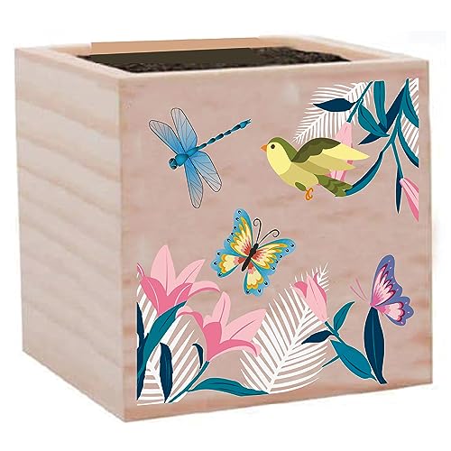 CREATCABIN Small Flowerpots Cube Wood Plant Pots Dragonflies Butterflies Birds Rustic Wooden Plant Stand Square Planter Succulent Cactus Pots Window Desk Decorative for Indoor Outdoor Office 3 x 3Inch