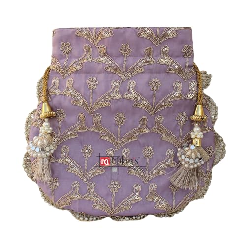 Image of MILAN'S CREATION Fancy Potli Bag Golden Embroidery Shimmer Silk Designer Purse Drawstring Purse With Pearl Handle & Tassel | Ladies Women's Handbag | Party Wedding Festival Giveaways Gift