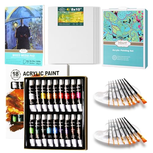 Inburit Acrylfarben Set, Art Supplies für Erwachsene Kinder, 41-teilige Malset mit 18 Tuben Acrylfarben, 4 Leinwand, 1 Acrylbuch