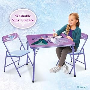 Disney Frozen Kids Folding Table & Chairs Set for Kid and Toddler 36 Months Up to 7 Years, Includes: 1 Table (24" L x 24" W x 20" H), 2 Chairs (13" L x 13.5" W x 21" H) Weight Limit: 70 lb Disney Frozen Kids Folding Table Chairs Set for Kid and Toddler 36 Months Up to 7 Years Includes 1 Table 24 L x 24 W x 20 H 2 Chairs 13 L x 135 W x 21 H Weight Limit 70 lb