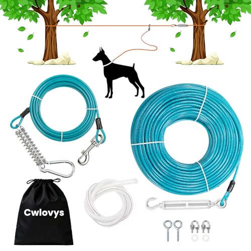Cwlovys Dog Tie Out Runner for Yard - All-in-One Dog Run Solution with 15FT Tie Out Cable for Dogs, Heavy Duty Trolley System for Large Dogs Up to 250LBS, 50FT for Camping