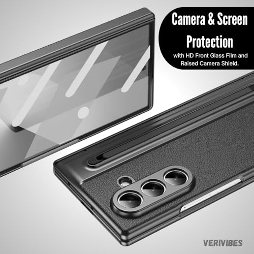 Image of Ultra Hybrid Luxury Leather Compatible with Samsung Galaxy Z Fold 7 (2025)| Built-in S Pen Holder | 360 Hinge Protection | Slim Shockproof Back Cover with Tempered Glass - Black