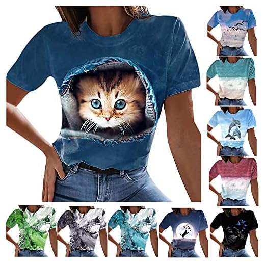 Chejarity T-shirt dam oversize katt tryck rund hals kortärmad toppar skjorta casual toppar blus sommar t-shirt lös skjorta grafisk sporttröja kvinnlig tonåring flickor te toppar tunika