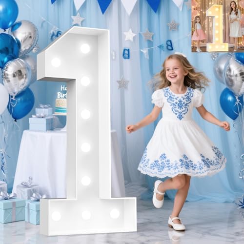 Image of Pooqla 4 FT Light Up Number 1 for 1st 16th 21st Birthday Decorations, Cool White and Warm White Giant Marquee Numbers First Birthday Decoration for Boy Girl Anniversary Wedding Party Decorations