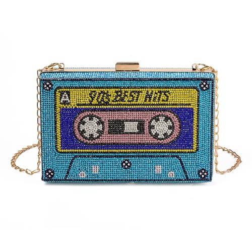 Renabro Bolsa tiracolo feminina retrô com strass, divertida, exclusiva, para noite, Azul anos 90