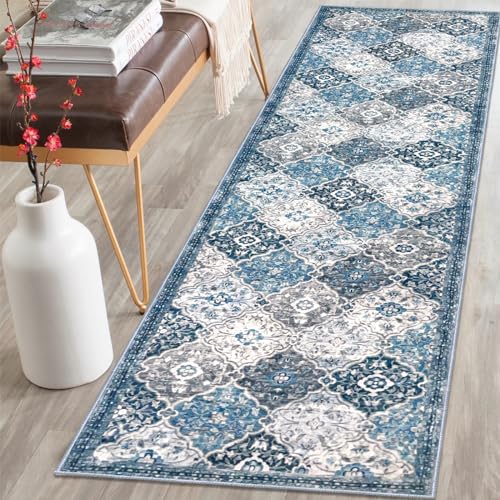 KILOCOCO 2x8 Runner Rug, Moroccan Super Soft Washable Hallway Entryway Runner Rug, Accent Print Faux Wool Kitchen Runner Rug 8 Feet Non-Slip Boho Rug Runners for Laundry Room Bedroom, Blue/Multi