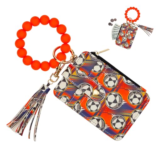 JAPDNK Soccer Keychain Wristlet Wallet for Women Men, Credit Card Holder Bracelet, Soccer Keychain Coin Purse Tassel Key Ring, Game Day Birthday Gifts for Women Men Sports Fan