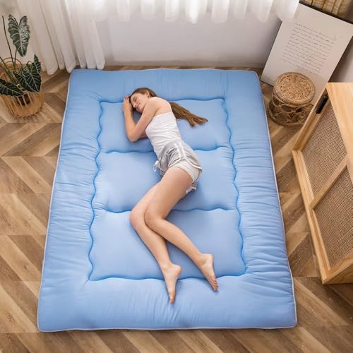 Image of MAXYOYO Japanese Floor Mattress Futon Mattress, Thicken Sleeping Pad Foldable Roll Up Floor Futon for Adults Tatami Mat Dormitory Lounger, Dusty Blue, Full Size