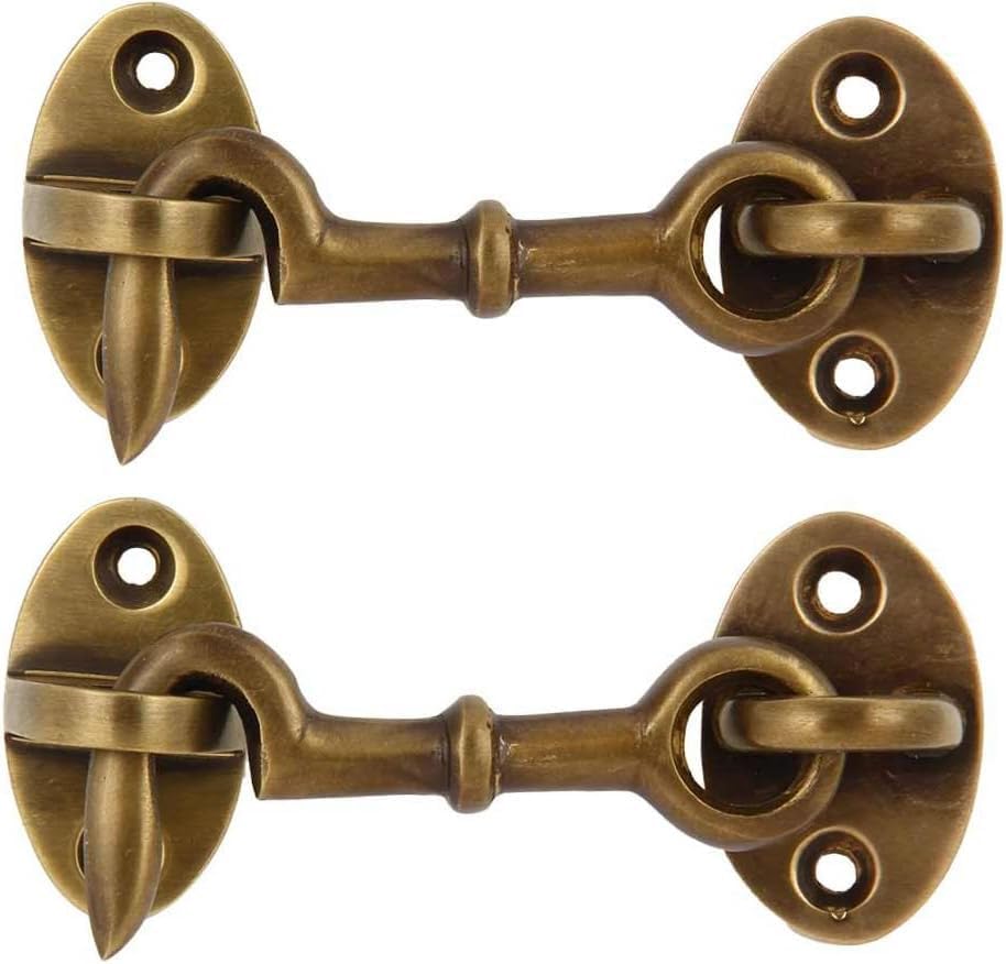 Image of Set of 2 Solid Brass Cabin Hook, 2.75 inch Hook and Eye Latch for Cabin Door, Barn Door, Gate, Shed, Fence, Cabinet, Bathroom - Closet Window Sash Catch - Antique Brass Finish - by A29