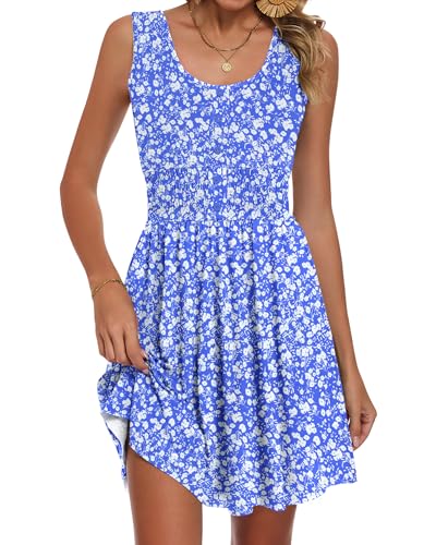 AUSELILY Women Vacation Dress Elastic Empire Waist Smocked Casual Dresses, Blue White Floral M