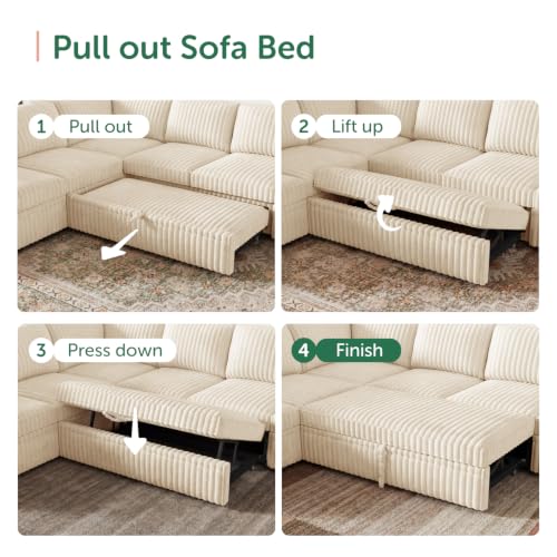 Image of HONBAY Modular Sectional Sleeper Sofa with Pull Out Bed Oversized Corduroy L Shaped Sofa Bed with Storage Couches for Living Room,Beige