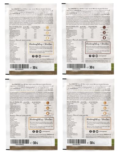 Veganes Protein-Pulver Proben-Paket, 8x30g Mix-Pack - alle Geschmacksvarianten in einer Mix-Box – unglaublich lecker - pflanzliches Protein mit 73-81% Eiweiß | V-PROTEIN 8K Probe