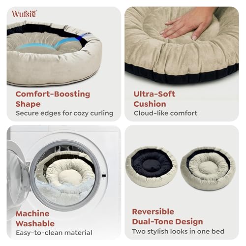 Image of Velvet Dog Bed in Round Shape | Small 60 Cm | Premium Velvet Pet Bed for Cats and Puppies | Soft & Cozy Sleeping Bed for Dog with Removable Insert | Black & Cream
