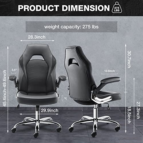 Image of Ergonomic Gaming Office Chair - PU Leather Executive Swivel Computer Desk Chair with Flip-up Armrests and Lumbar Support for Working, Studying, Gaming, Grey