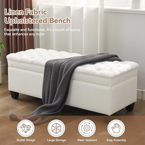 Image of WUTUTUEE 50 inch Fabric Storage Ottoman Bench, Upholstered Rectangle End of Bed Storage Ottoman Tufted Living Room Bedroom Bench with Safety Hinge, Solid Wood Legs, Loads 500 lb(Beige)