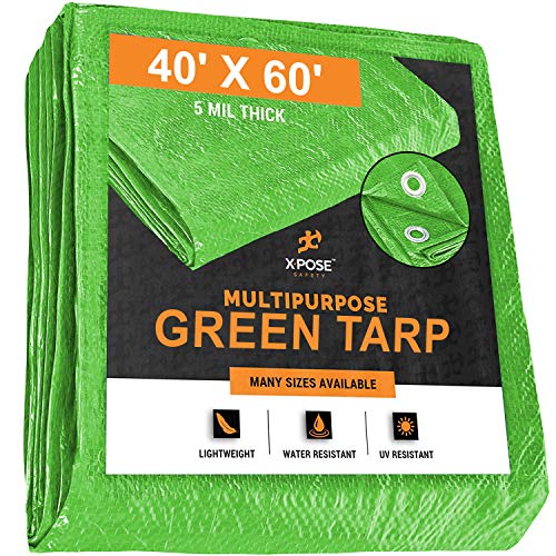Super Big Clearance! Multipurpose Protective Cover Green Poly Tarp 40' x 60' - Durable, Water Resistant, Weather Resistant - 5 Mil Thick Polyethylene - by Xpose Safety