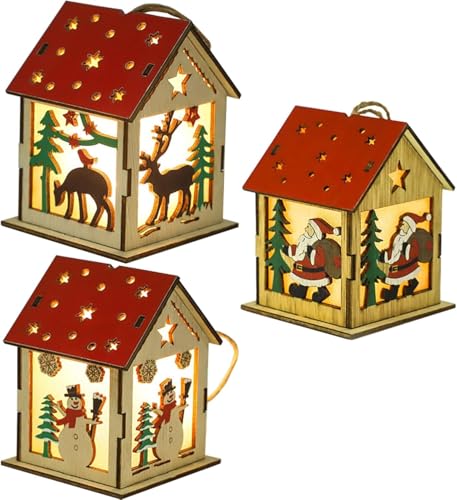 Casas de vila de Natal, 3 peças, Papai Noel de madeira, boneco de neve, enfeites de árvore de Natal