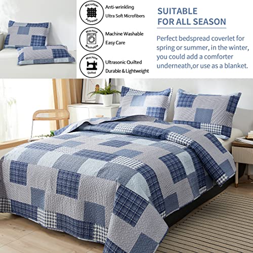Bedspread Set Queen/Full Size Plaid Quilt Bedding Queen Grey Blue Patchwork Modern Lightweight Quilt Bedspread Home Reversible Coverlet-Soft Polyester 3 Piece Quilt Set Collection #TOP7