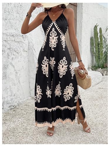 Image of Floerns Women's Boho Print V Neck Split Cami Dress Sleeveless Vacation A Line Maxi Dresses
