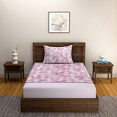 Image of Swayam Roto Cotton Single Bedsheet with 1 Pillow Cover | Size 60 x 90 inch | 144 TC | Floral Design | Soft Breathable Bed Sheet | Comfortable & Durable for Bedroom - Pink