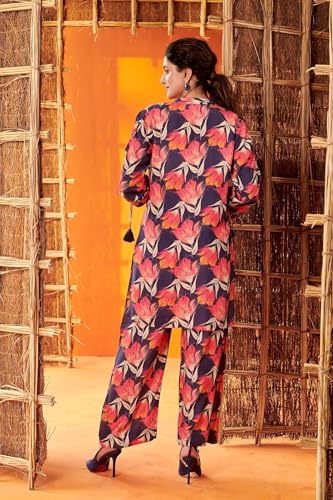 Nainvish Women's Blue & Rose Red Floral Printed Straight Cotton Blend V-Neck Co-Ord Set (Sd668_Kb-Xxl)