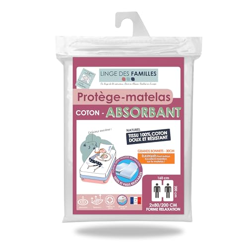 Linge des Familles - Protège Matelas Lit Articulé 2x80x200 cm - 100% Coton Absorbant - Alèse Lit Electrique 160x200 - Label Oeko-TEX® Standard 100 - Made in Europe -...