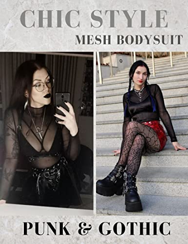 Image of Avidlove Womens Mesh Long Sleeve Bodysuit Round Neck Sheer Leotards Geo Print Bodysuit Top with Snap Crotch