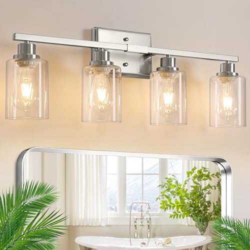 Image of Ascher Bathroom Light Fixtures, 4-Light Vanity Lights with Clear Glass Shade, Modern Brushed Nickel Wall Light for Mirror Bedroom Hallway Cabinet Porch
