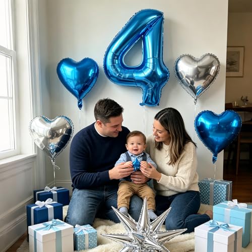Image of TONIFUL 4th Birthday Balloons Kit 40 Inch Blue Large Number 4 Foil Balloon