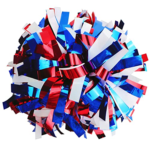 Gbateri 2 PCS Metallic Cheerleading Pom Poms with Baton Handle, 6 Inches Cheerleader Pom Poms, Cheer Pom Pom Cheerleading Poms for Kids Adults Team Spirit Sports Dance Cheering(Royal Blue/Red/White)