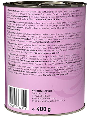 dogz finefood Hundefutter nass - N° 10 Lamm - Feinkost Nassfutter für Hunde & Welpen - getreidefrei & zuckerfrei - hoher Fleischanteil, 6 x 400 g Dose
