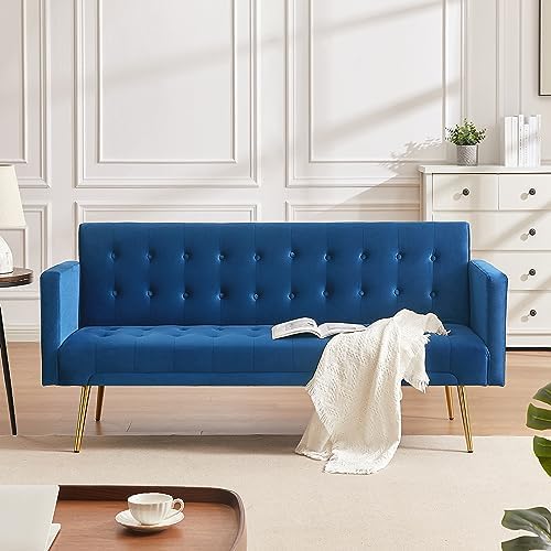 72"Modern Velvet Sofa Bed Futon,Convertible Folding Sleeper Bed Couches with 3 Adjustable Backrests,Tufted Recliner Love Seat with Golden Chrome Legs for Living Room Apartment Home Office (Navy)